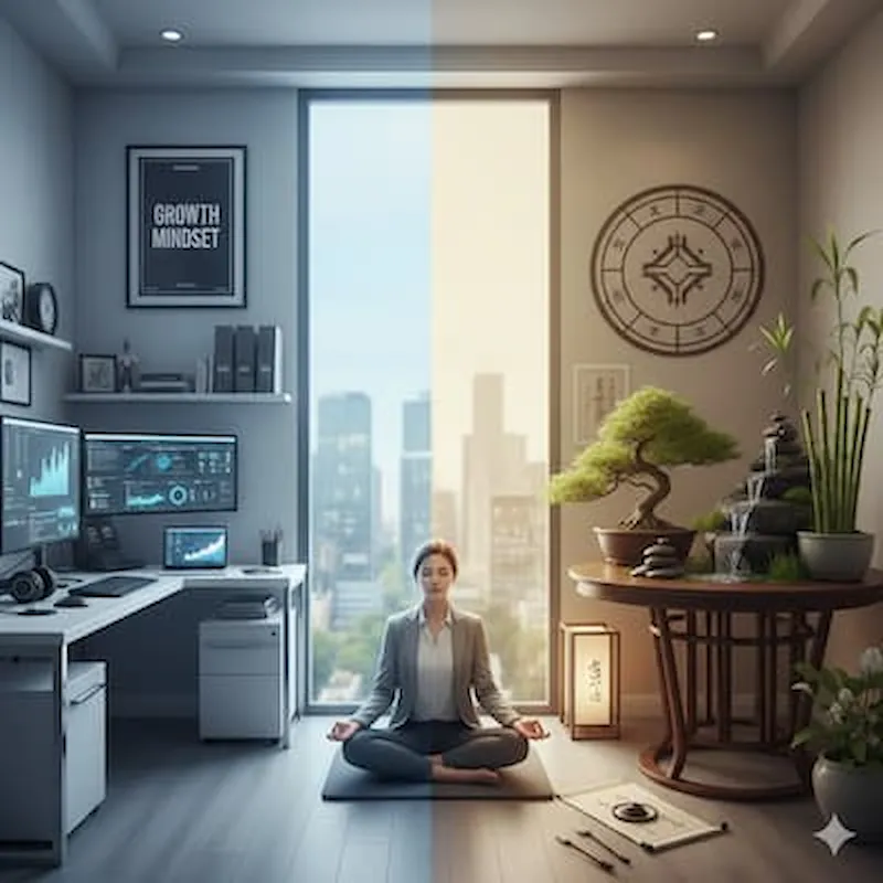 Mesa ordenada con planta, vela y cristal, simbolizando armonía entre mente y espacio